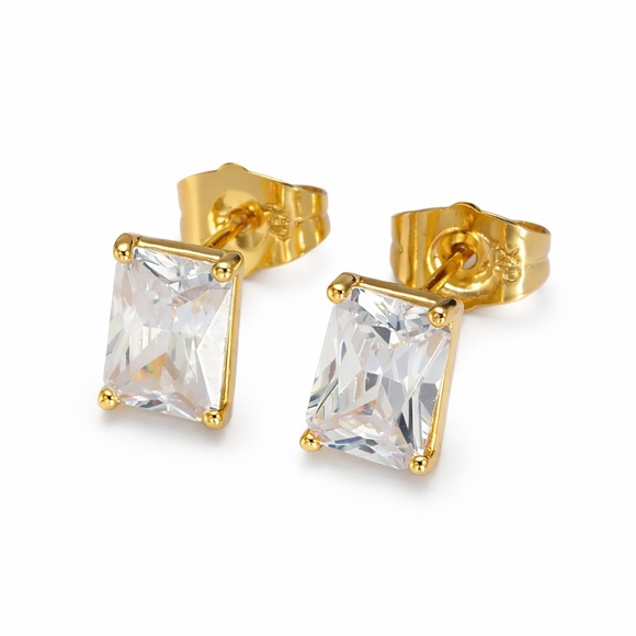 Private Label Jewelry - 24K Gold Clear Baguette Stud Earrings (7707)